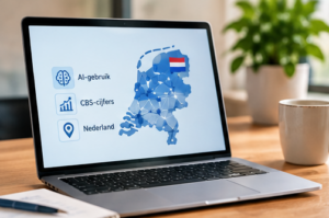 Laptop met een kaart van Nederland en de woorden AI-gebruik, CBS-cijfers en Nederland