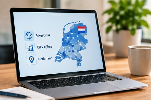 Laptop met een kaart van Nederland en de woorden AI-gebruik, CBS-cijfers en Nederland