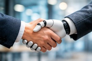 Handdruk tussen een mens en een robothand