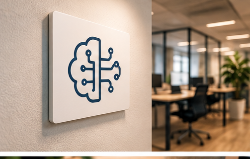 Bord met een AI-brein-icoon aan de muur van een modern kantoor
