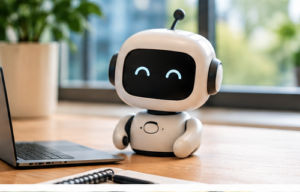 Vriendelijke AI-assistent op een bureau naast een laptop