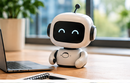 Vriendelijke AI-assistent op een bureau naast een laptop
