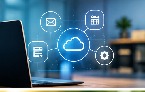 Laptop met iconen voor e-mail, agenda, documenten en instellingen die samenkomen in één workflow