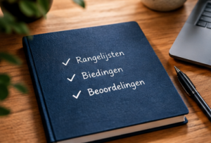Notitieboek met de woorden Ranglijsten, Biedingen en Beoordelingen