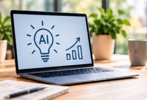 Laptop met een AI-lampje en een stijgende grafiek op het scherm
